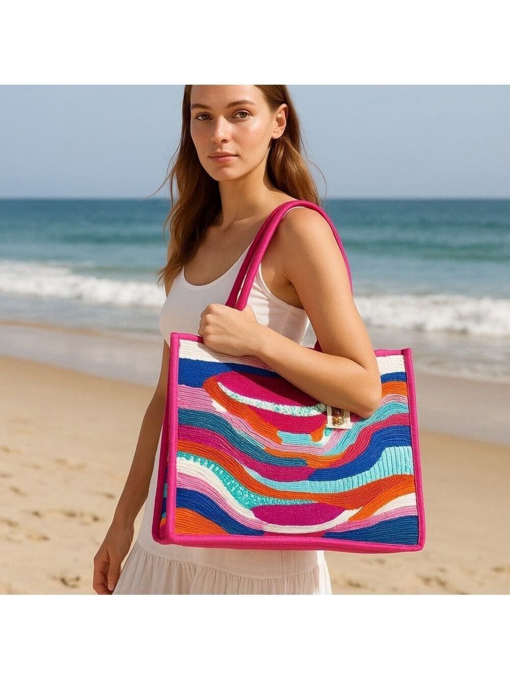 NEW America & Beyond Pink Sand Beaded Tote Depeche Summer Sounds Limited Edition - Picture 2 of 10